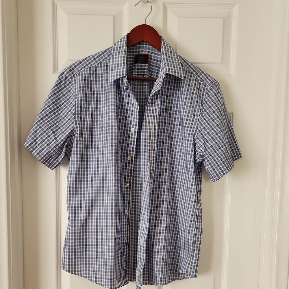 UNTUCKit Men's Short Sleeve Blue & White Plaid Button-Down Shirt, Size M, Preppy